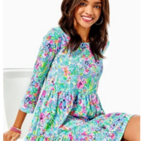Lilly Pulitzer size S Geanna Floral Cotton Dress Amalfi Blue Alligator Isle - Picture 4 of 4